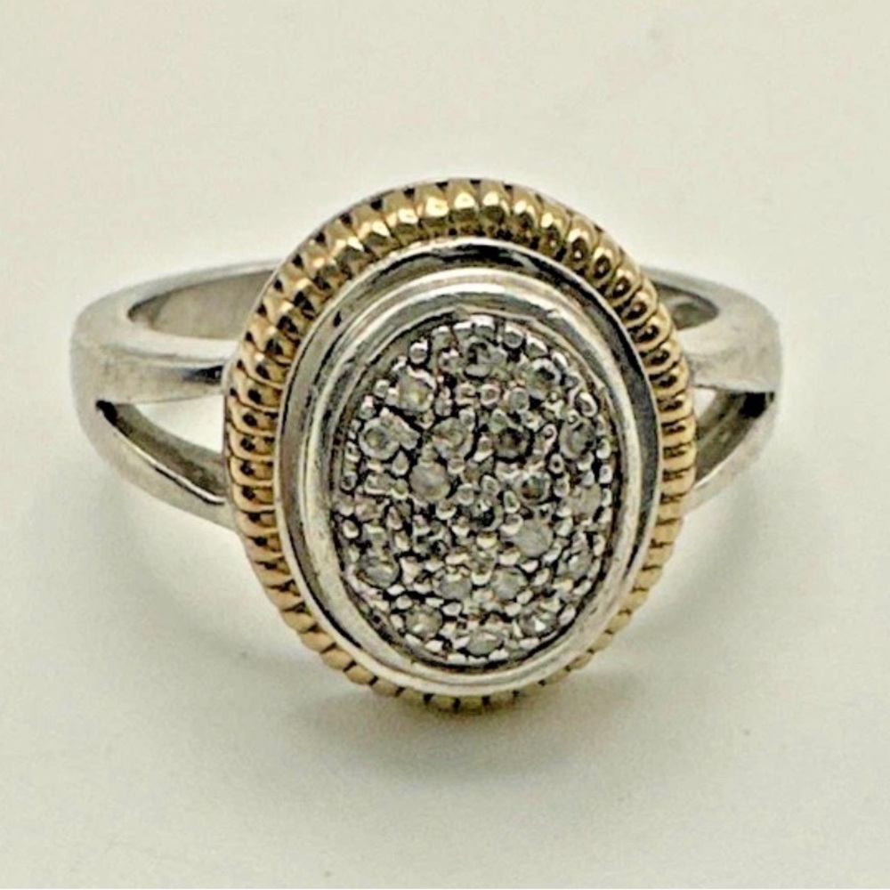Pave Diamond Ring 14K Sterling 925 Size 7 Two Tone Oval Cluster Cocktail Split